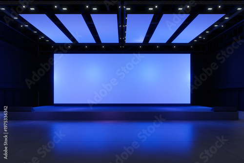 Empty stage Design for mockup and Corporate identity,Display.Platform elements in hall.Blank screen system for Graphic Resources.Scene event led night light staging.3d Background for online.3 render.