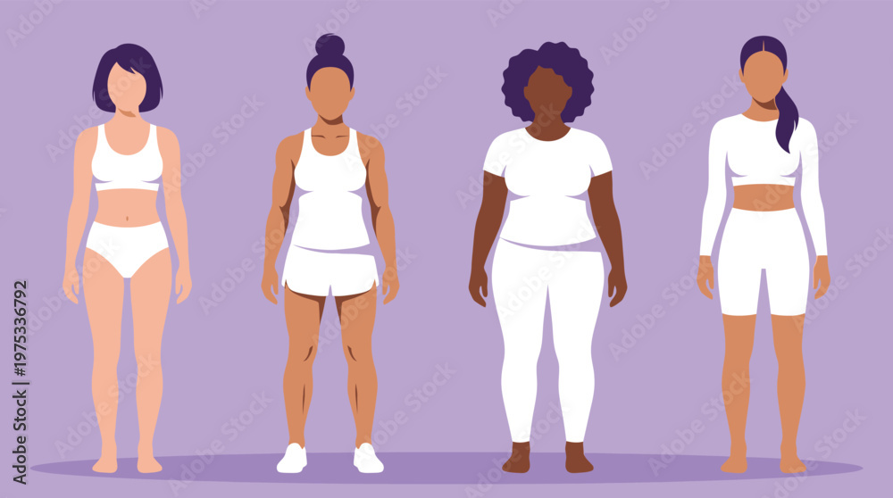 Obraz premium Diverse Multiracial Women of Different Body Types in White Activewear Sportswear Illustration Body Positivity and Inclusivity Concept