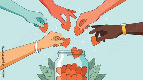 Diverse Hands Dropping Hearts into a Glass Jar for Charity Donation and Community Support Flat Vector Illustration