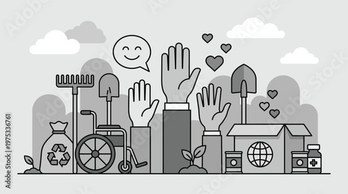 Charity Volunteering and Social Responsibility Concept Illustration for Community Service and Humanitarian Aid Support Projects