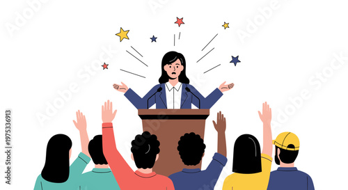 Businesswoman speaking at podium, audience applauding, colorful flat illustration, presentation concept, communication design, public speaking theme