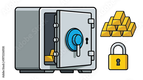 Vector Illustration of an Open Bank Safe with Gold Bars and a Padlock for Financial Security and Wealth Concepts