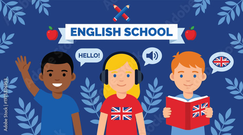 Diverse Children Learning English in School Illustration with Students Speaking and Reading British Language Course