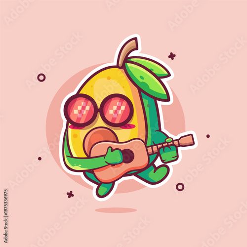 cool avocado fruit character mascot playing guitar isolated cartoon