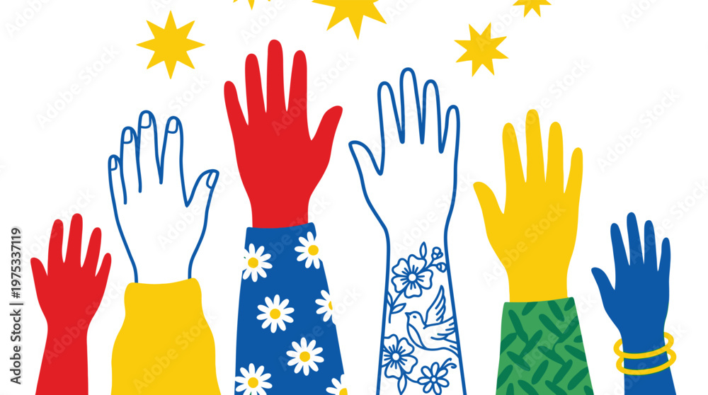 Fototapeta premium Vibrant Vector Illustration of Diverse Hands Reaching for Stars Representing Community Support and Unity Concepts