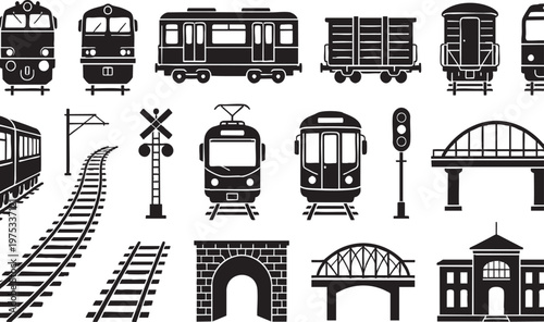 Railway Transport Icon Set, Train and Logistics Symbols Transparent Background