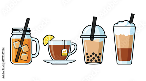 Set of Four Delicious Tea and Coffee Drink Icons Featuring Iced Tea Bubble Tea Hot Lemon Tea and Layered Latte for Cafe Menu Design