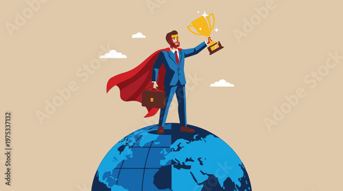 Successful Superhero Businessman Standing on World Globe Holding Golden Trophy Cup Achievement and Global Leadership Illustration