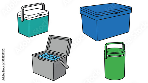 Portable Cooler Box Vector Illustrations Set for Camping Picnic and Outdoor Travel Isolated on White Background