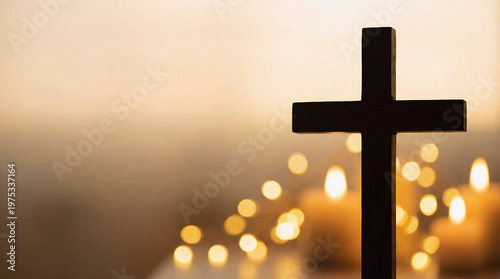 Christian Cross Silhouette with Warm Candle Bokeh Background - Concept of Faith, Hope, and Prayer