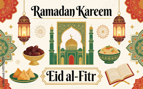 Ramadan Kareem and Eid al-Fitr Vector Set with Mosque, Lanterns, Dates and Food