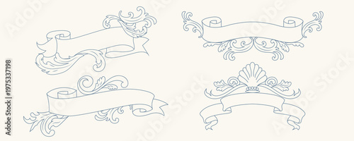 Rococo Ribbon Banner Set with Engraving Scroll Ornament