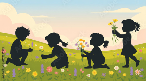 Silhouette children, kids picking flowers, colorful floral field, spring summer scenery isolated on Transparent Background
