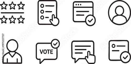 Review and feedback icon set with rating stars survey satisfaction and vote on transparent background
