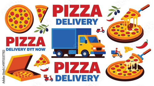Pizza Delivery Service Flat Vector Illustration Set with Pepperoni Pizza Box Truck and Scooter Icons