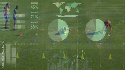 On coach signaling, two athletes doing push-up get-up, squats, shuffles while HUD tracking training
