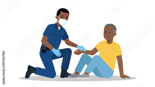 African American Paramedic Helping Elderly Man Sitting on Ground Medical Emergency First Aid Assistance Illustration Isolated on White