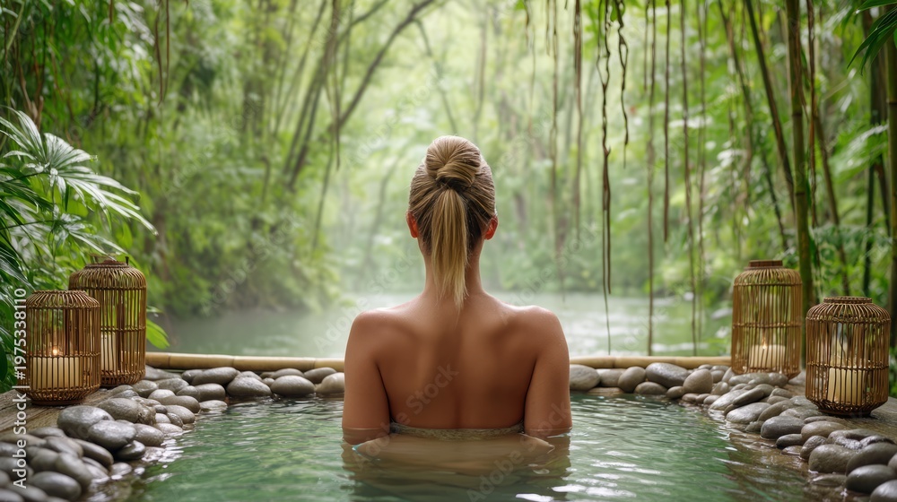 Fototapeta premium Serene Woman Relaxing in Hot Bath Surrounded by Bamboo and Tropical Nature