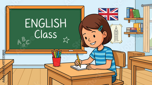Cute Girl Student Learning English in School Classroom Cartoon Illustration with Chalkboard and British Flag