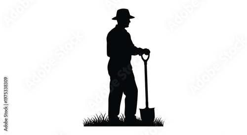 A solitary farmer stands with a shovel in a field creating a dramatic stark silhouette high quality professional detailed modern elegant