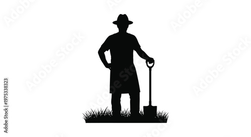 A stark black silhouette depicts a gardener with a tool standing in grassy terrain creating a dramatic visual silhouette high quality