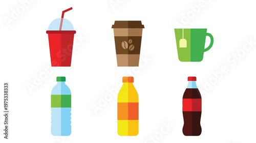 Set of Flat Beverage Icons Including Coffee Tea Soda Water and Juice Bottles for Modern Cafe Menu and App Interface Design