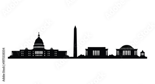 A striking black silhouette depicts iconic washington d c landmarks including the capitol building and lincoln memorial silhouette high quality professional detailed