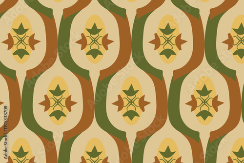 Golden ochre abstract floral lattice seamless pattern with vintage inspired botanical shapes in a structured geometric repeat