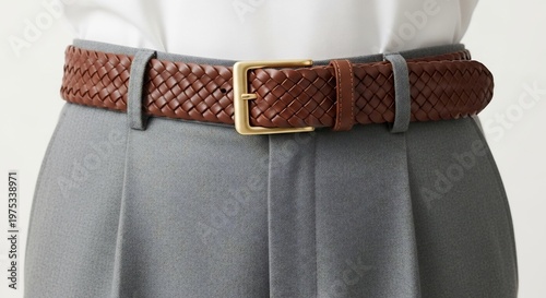 Close-up of a man wearing a brown woven leather belt with a brass buckle over grey trousers.
