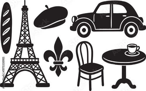 Parisian Doodle Icons Set Black Silhouette French Symbols Transparent Background