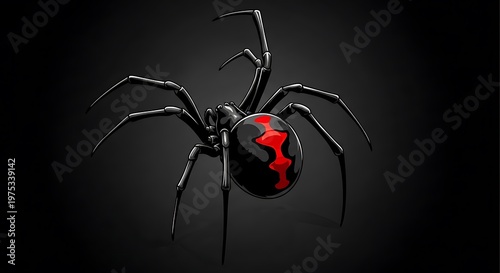 Glossy Black Spider with Red Markings on Dark Background