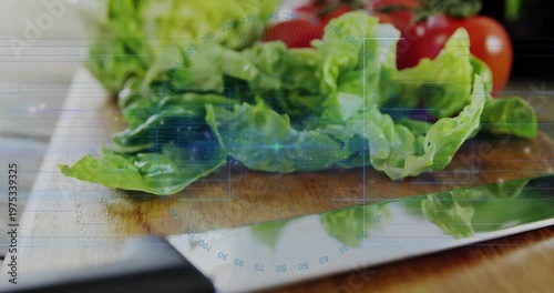 Knife nudging and camera shifting focus, food HUD highlighting, revealing lettuce texture on board
