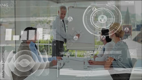 Presenter writing on chart, causing HUD bars animating over table while team noting business plans