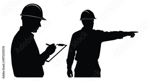 Two construction workers in a striking black silhouette discuss plans one pointing and the other taking notes silhouette high quality professional