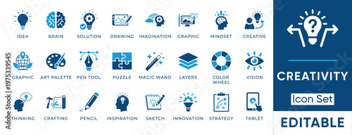 Creativity icon set. Containing idea, brain, imagination, drawing, art palette, pen tool, magic wand, innovation and more. Solid vector icons collection.