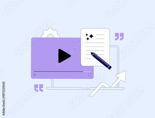 Text to video AI generates videos from text prompts. AI storytelling agents create dynamic content, free script generator, AI powered 2026 trends, digital content creation concept vector illustration