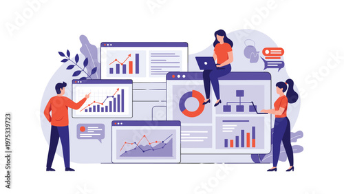 Diverse team of professionals collaborating and analyzing multiple data dashboards and financial charts on screens.