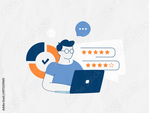Customer reviews management with star ratings, feedback collection, business reputation management, online satisfaction, AI powered 2026 trends, digital marketing strategy concept vector illustration