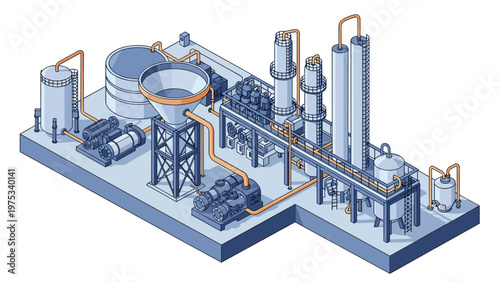 Isometric view of a large-scale industrial chemical processing or oil refinery plant featuring various storage tanks and towers.