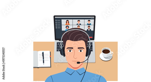 Remote worker, office workspace, video conference, headset, business communication, online meeting
