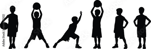 Large collection of black silhouettes of young boys playing basketball in various active poses and sports attire for kids physical activity concept illustrations.