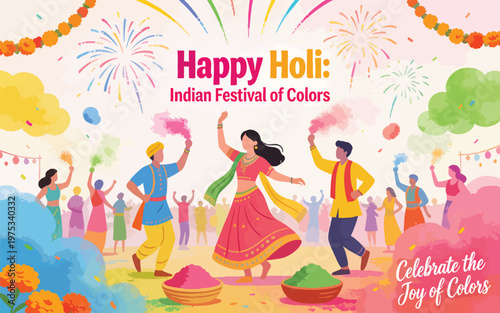 Happy Holi Indian Festival of Colors Vector with People Dancing and Color Powder