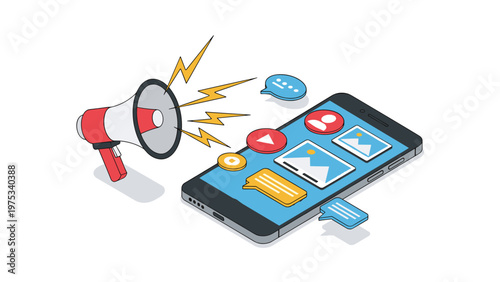 Red megaphone and a smartphone displaying various social media content icons in an isometric marketing scene.
