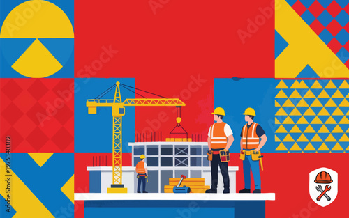 Happy Labor Day May 1st Vector Illustration with Construction Site and Builders