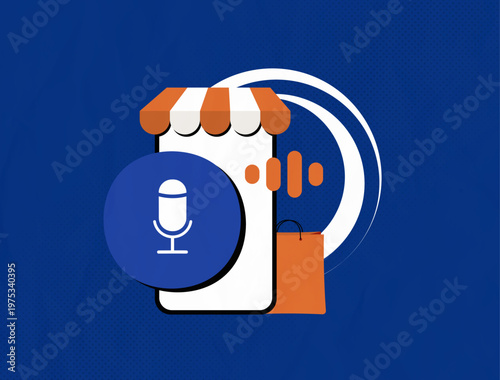 Voice shopping in online purchases, smart voice assistants enable effortless ordering, hands-free convenience, AI-powered personalized recommendations, modern e-commerce 2026 trends illustration