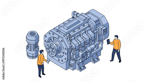 Technical engineers conduct a detailed inspection and maintenance of a large industrial power engine in a clean manufacturing facility.