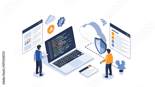 Software developers work on secure cloud application coding with a laptop and digital shield to protect sensitive information and data.