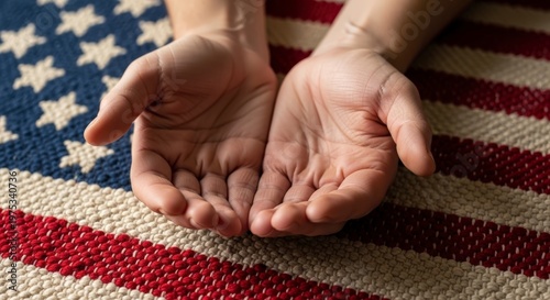 American hands on USA flag background.