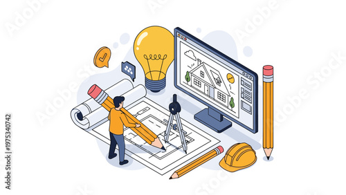 Professional architect designs a modern residential house using traditional blueprints and digital modeling on a computer workstation.