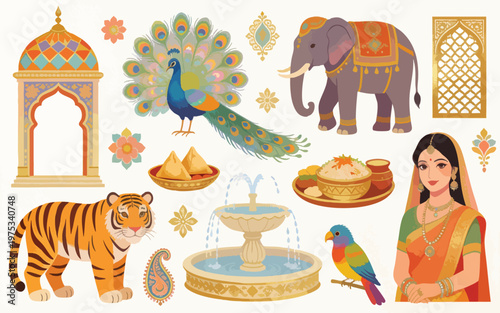 Indian Mughal Vector Illustration Set: Tiger, Elephant, Peacock, and Culture Icons